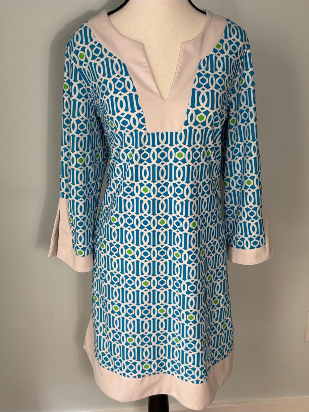 Jude Connally Blue Geometric Print, 3/4 Sleeve Tunic Dress with White Trim. XL